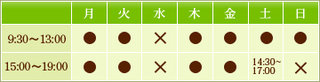 診療時間：【午前】9：30～13：00【午後】15：00～19：00【土曜午後】14：30～17：00【休診日】水曜日、日曜日の13時以降、祝日
